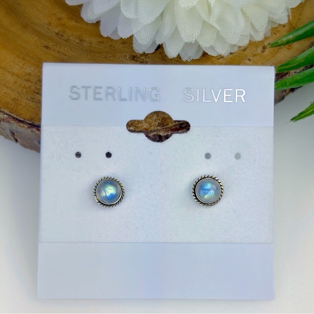 Pure Sterling Silver 925 Purple Blue Yellow Rainbow Moonstone Post Earrings - Picture 2 of 8